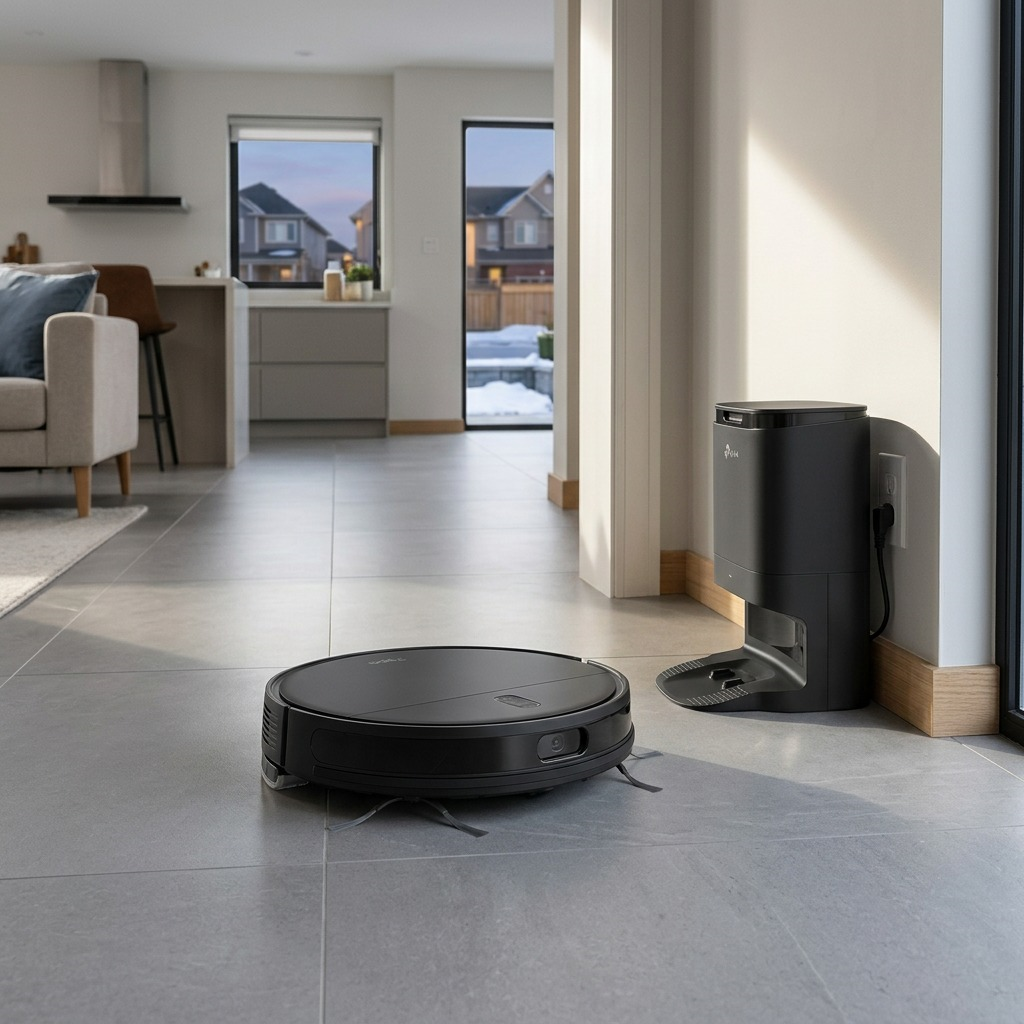 Lifestyle photo of the black Tapo RV20 Max Plus robot vacuum cleaning a large tile floor in a modern, light-filled living area. It approaches its self-empty dock (Tapo-RV20-Max-Plus) which is plugged into a wall outlet near baseboards. Natural light comes from an unseen window, highlighting the product textures. Accurate proportions and minimal styling. No text.