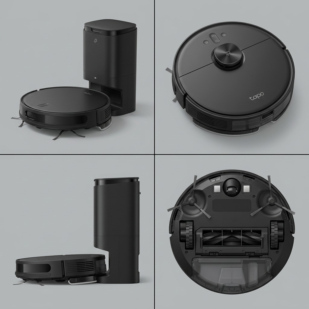 A visual gallery matrix featuring the black TP-Link Tapo RV20 Max Plus from multiple angles, including top, front 3/4, side, and underside views on a light gray grid with clean lighting.