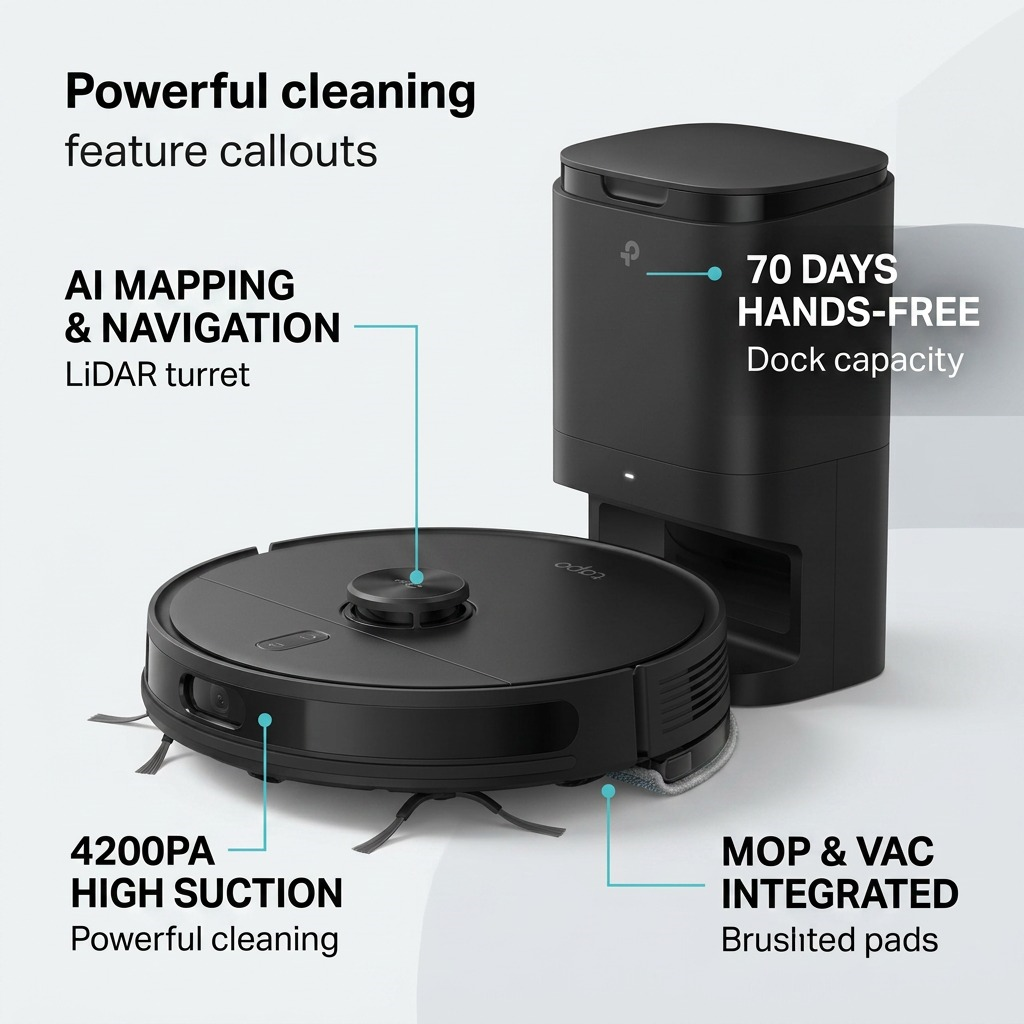 Tapo RV20 Max Plus feature graphic highlighting its self-empty dock, LiDAR mapping, 4200PA suction, and integrated mop.