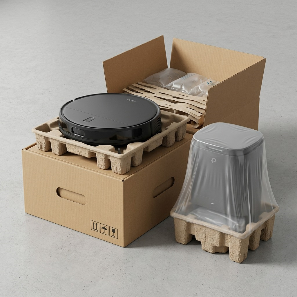 A photorealistic shot of the TP-Link robot vacuum and bin partially unhinged from a sturdy shipping box, protected by molded pulp trays and film.