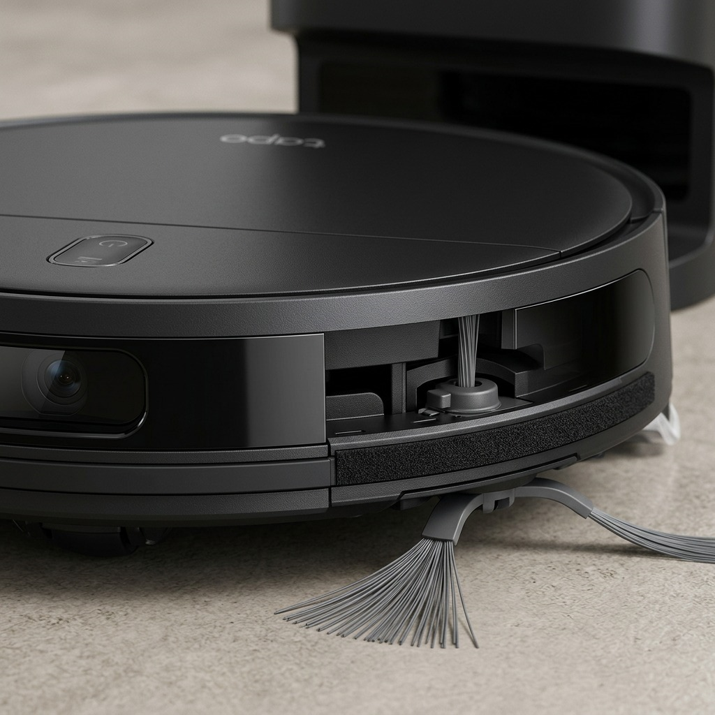 Macro close-up of Tapo RV20 Max Plus robot vacuum bumper, brush bristles, and sensors.