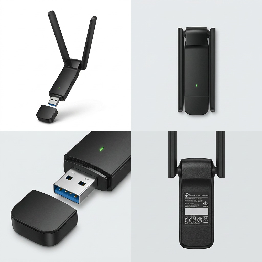 A PDP visual matrix showing the canonical black TP-Link Archer TX35U Plus USB a-type Wi-Fi adapter from four distinct angles on a clean four-part grid.