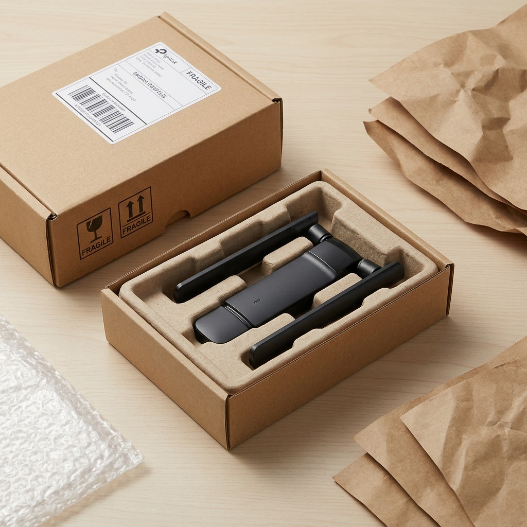 A premium photographic unboxing scene showing the TX35U Plus nestled securely in protective foam within a simple, well-delivered cardboard box. (152 characters)