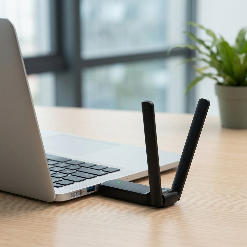 A black TP-Link Archer TX35U Plus with Dual Antennas provides a Wi-Fi 6 wireless connection for a laptop.