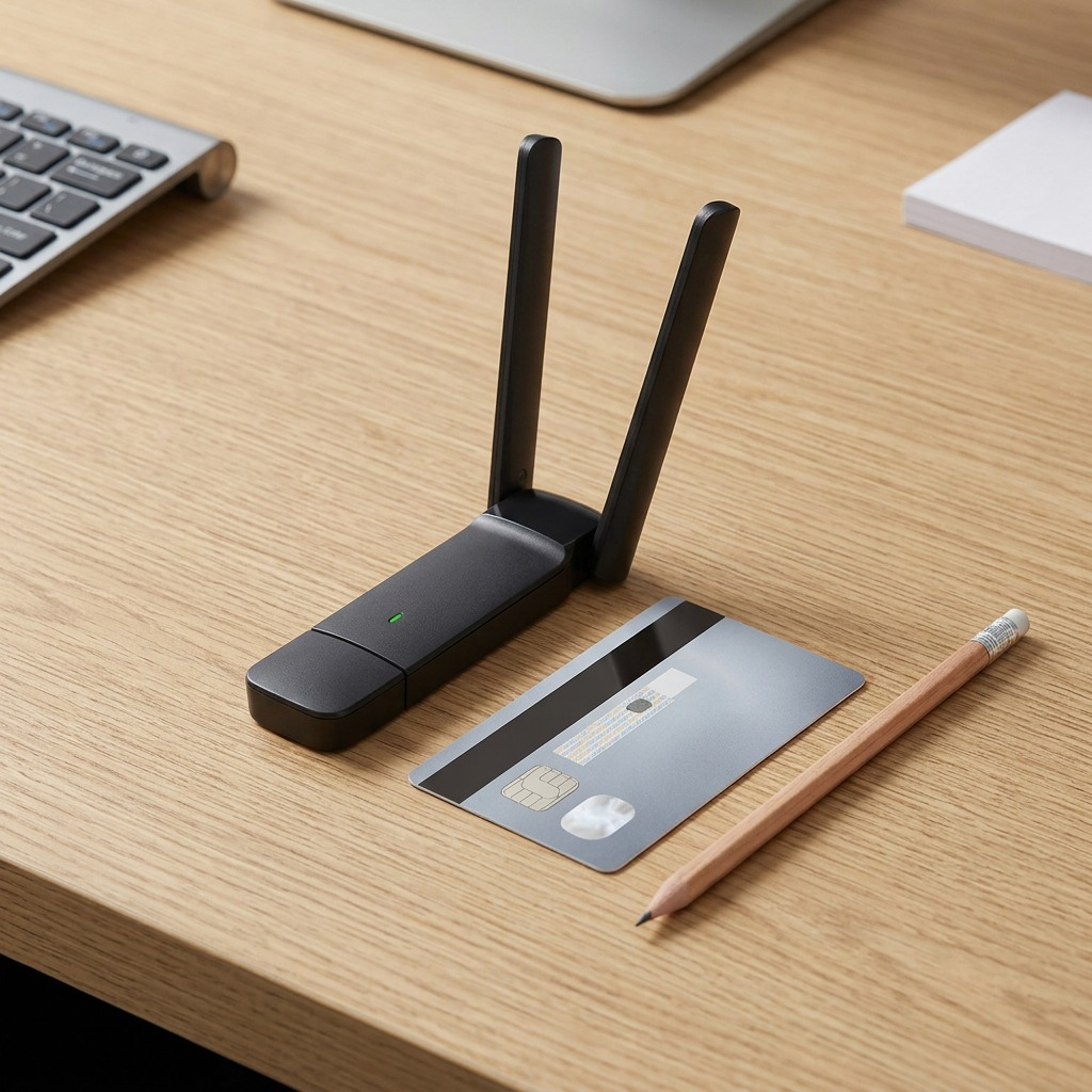 TP-Link Archer TX35U Plus adapter on a wooden desk next to a credit card and pencil for scale.