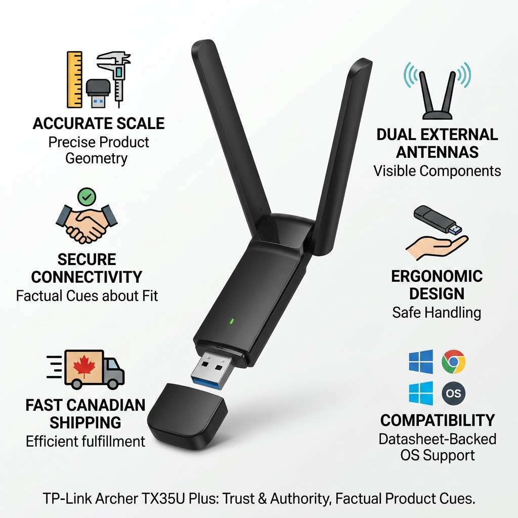 Product infographic with the Archer TX35U Plus and icon captions; fast fulfillment via a Canadian map.