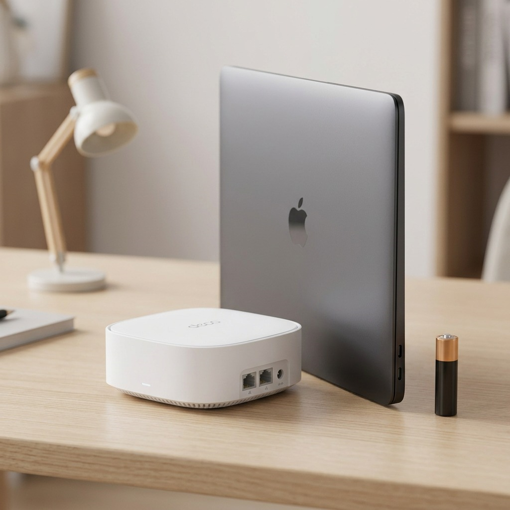 Realistic photo of a TP-Link Deco BE3600 router next to a standard AA battery.