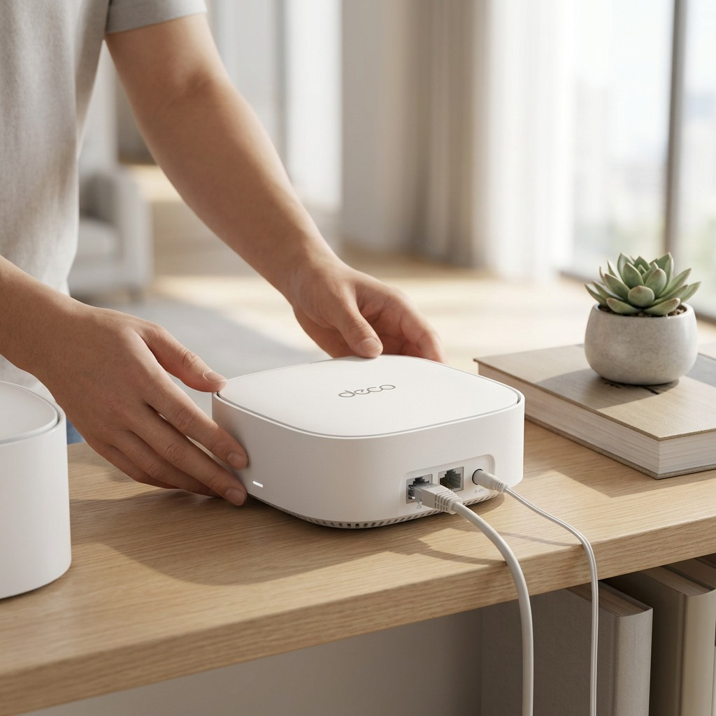 A lifestyle image showing the TP-Link Deco BE3600 Wi-Fi 7 unit on a wood desk in a sunlit room, being gently handled by human hands next to a potted plant and books.