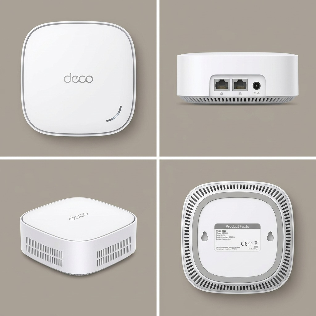 PDP visual matrix illustrating the TP-Link BE3600 mesh unit from four different angles.