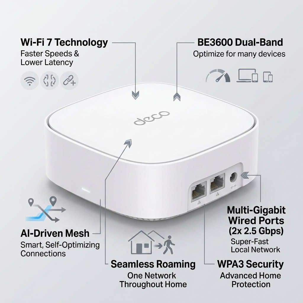 Technical highlights for TP-Link BE3600 Deco Mesh, promoting Wi-Fi 7, performance, protection, and whole home coverage.