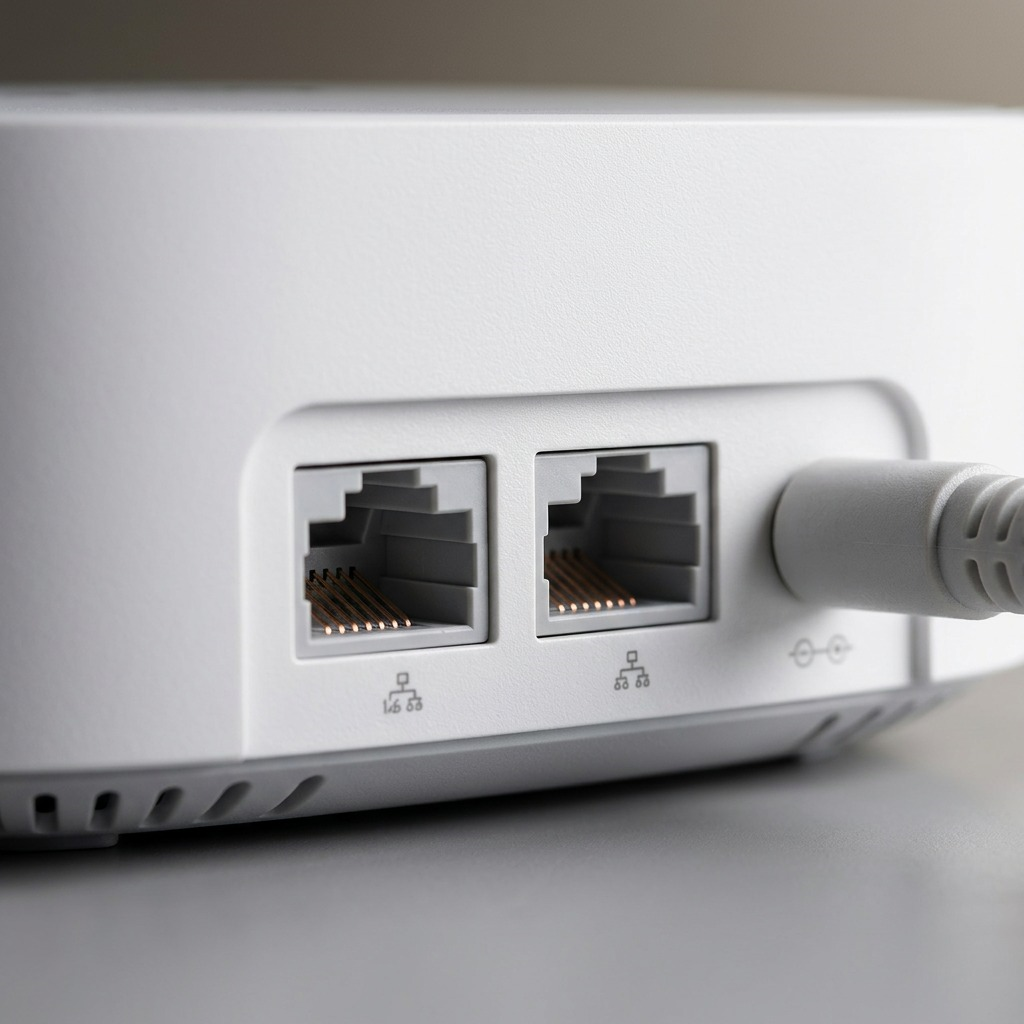 Macro photo of Deco BE3600 Gigabit and power ports, highlighting construction and connector details.