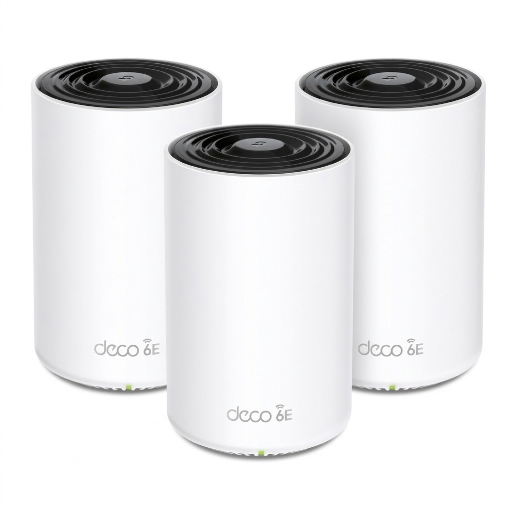 A three-pack of TP-Link Deco XE75 Mesh Wi-Fi 6E nodes on a clean white background.
