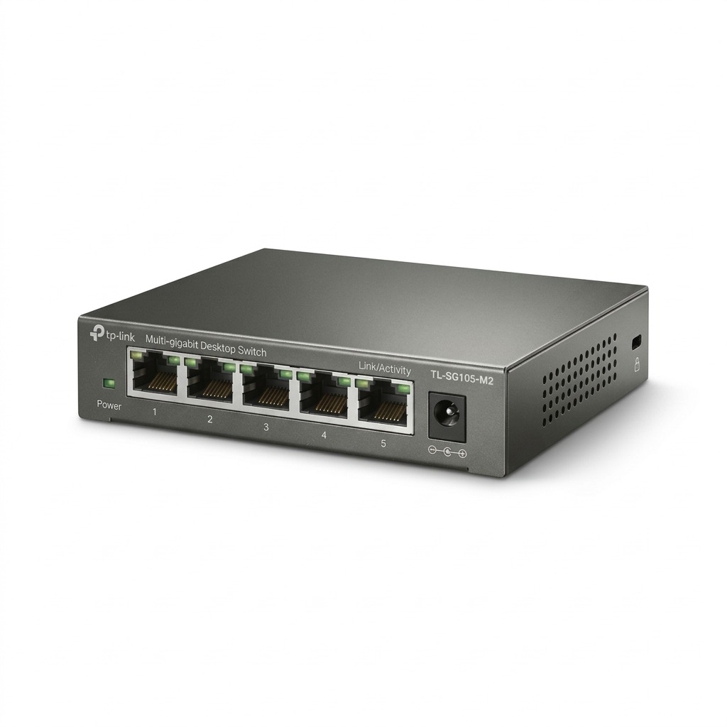 TP-Link 5-Port 2.5G Multi-Gigabit Desktop Switch (TL-SG105-M2) in an ecommerce hero shot.