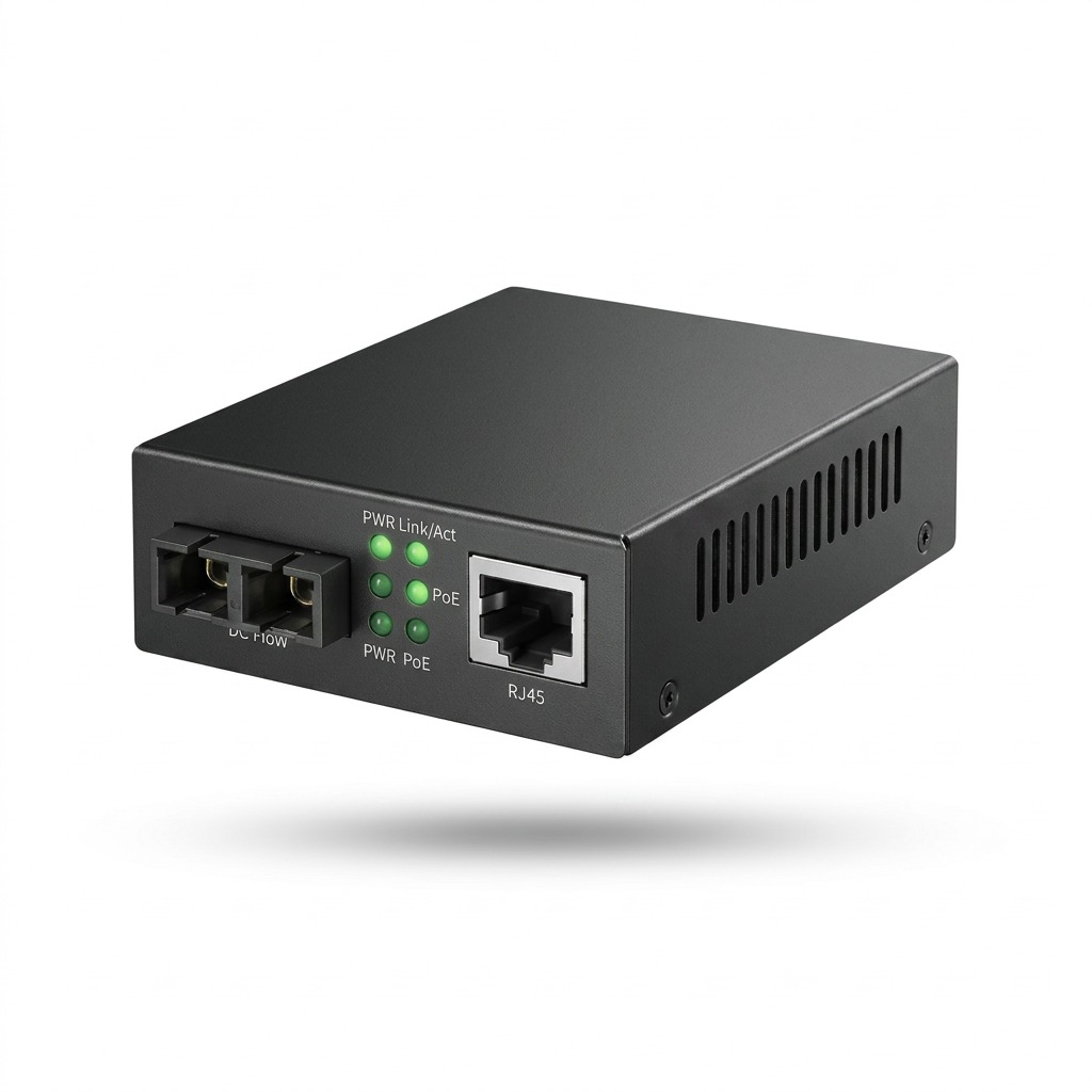 Pure hero shot of the TP-Link Bi-Directional SFP to Gigabit Ethernet PoE Media Converter against a seamless white background.