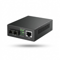 Pure hero shot of the TP-Link Bi-Directional SFP to Gigabit Ethernet PoE Media Converter against a seamless white background.