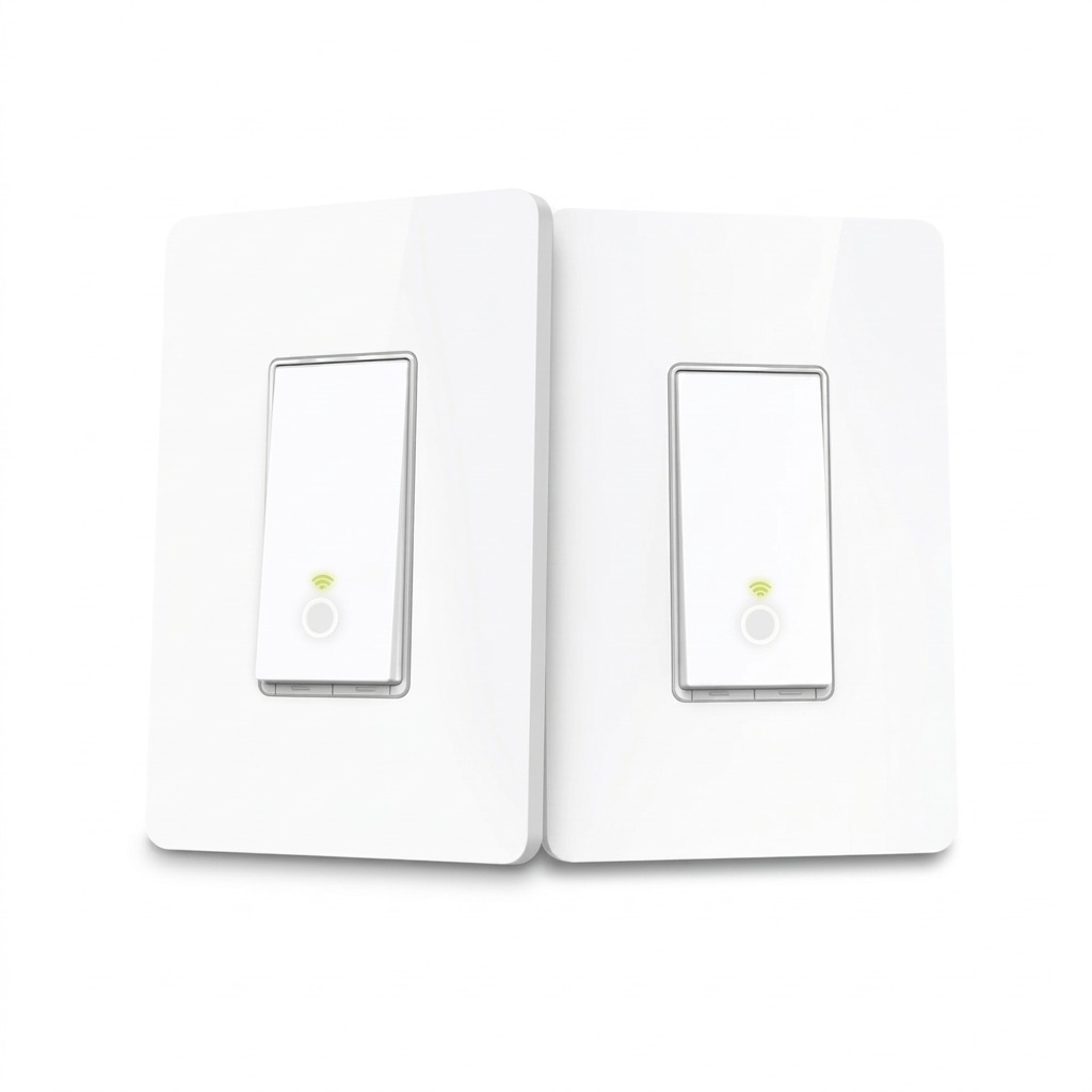 A high-resolution, centered view of the TP-Link Wi-Fi 2-Location Smart Switch Kit (HS210-KIT) on a pure white background, featuring realistic details with clean shadows.