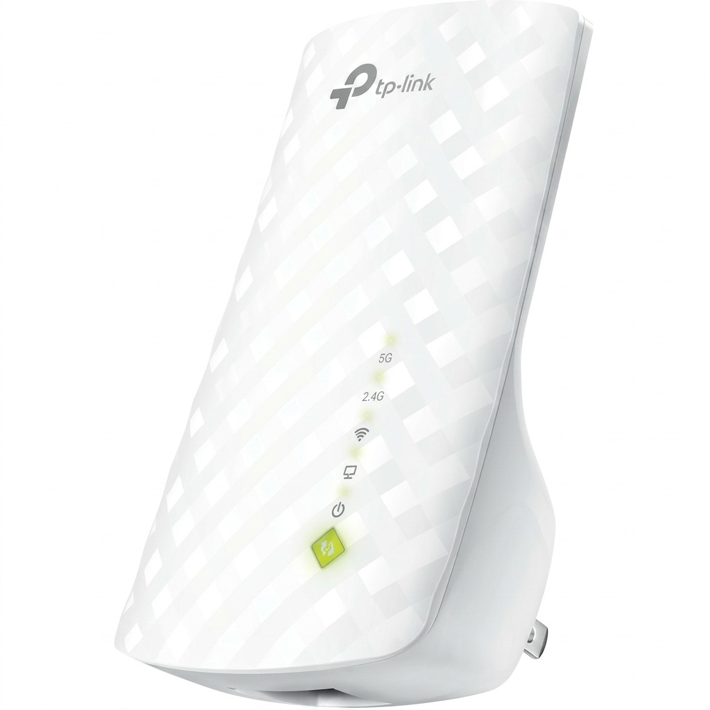 A pure high-resolution hero shot of the TP-Link AC750 Wi-Fi Range Extender, as seen in image_0.png, on a pure white background.