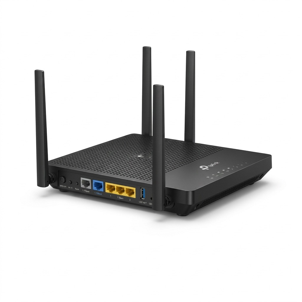 High-resolution hero shot of the black TP-Link Archer BE3600 Wi-Fi 7 router on a white background.