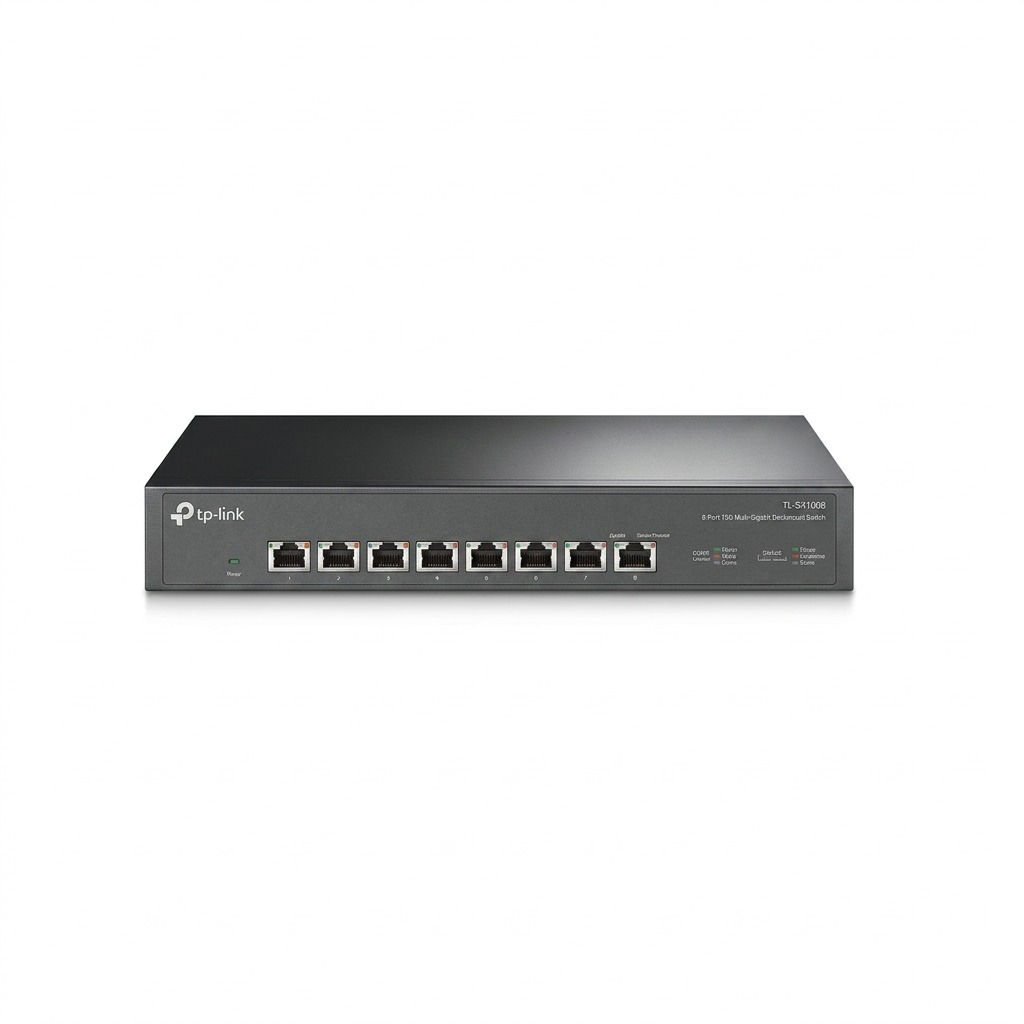 A high-resolution product shot of the TP-Link TL-SX1008 8-Port 10G Multi-Gigabit Desktop/Rackmount Switch on a pure white background.