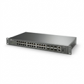 A crisp, front-three-quarter hero view of the TP-Link SG5428X switch in a premium dark grey rack-mountable form factor with 24 Ethernet ports, 4 SPF+ ports, and rack ears on a pure white background.