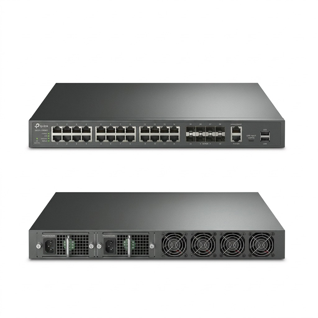 High-resolution hero shot of the TP-Link S6500-24M4Y rack switch, front view, pure white background.