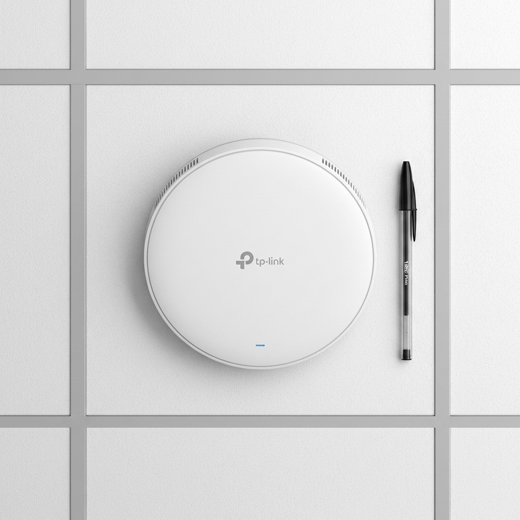TP-Link EAP772 access point mounted with ceiling grid and a standard pen for size comparison.