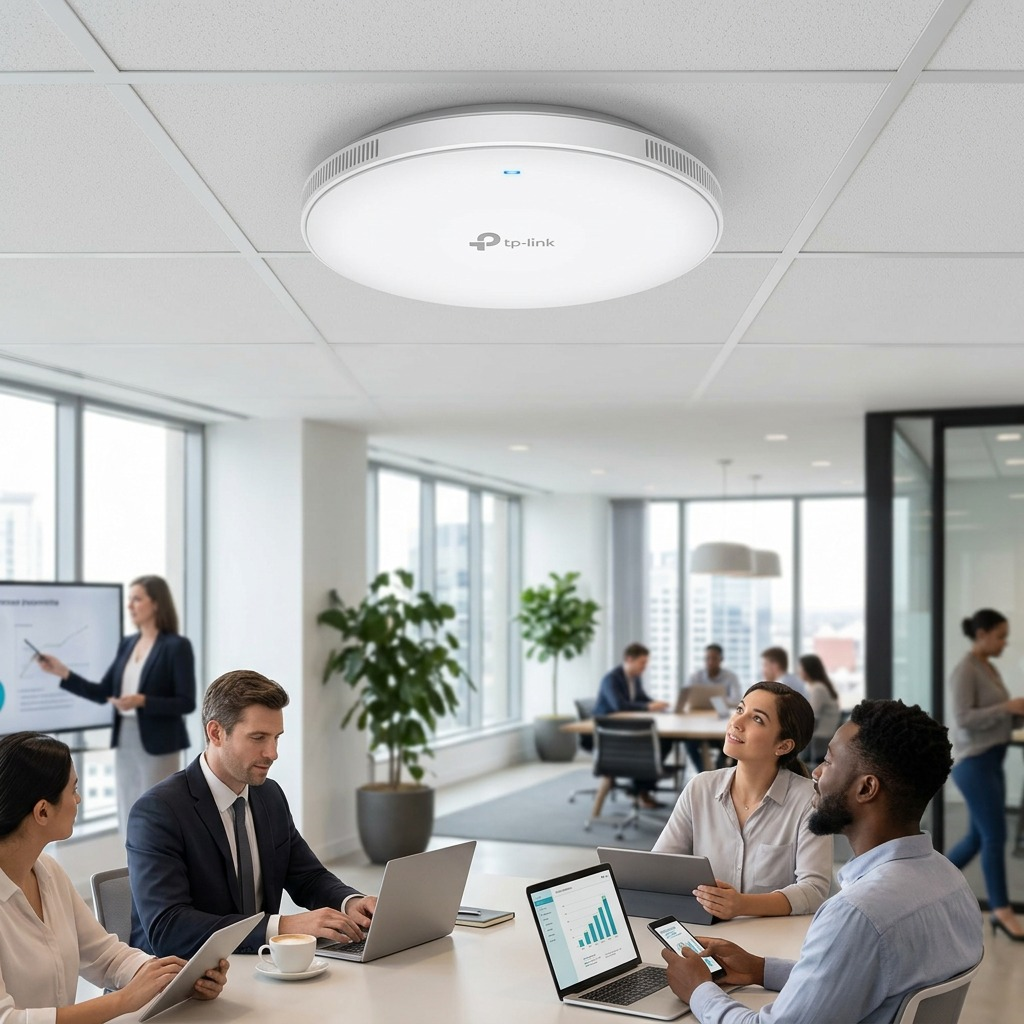 Lifestyle scene in a modern office with the TP-Link access point mounted on the ceiling above working professionals.