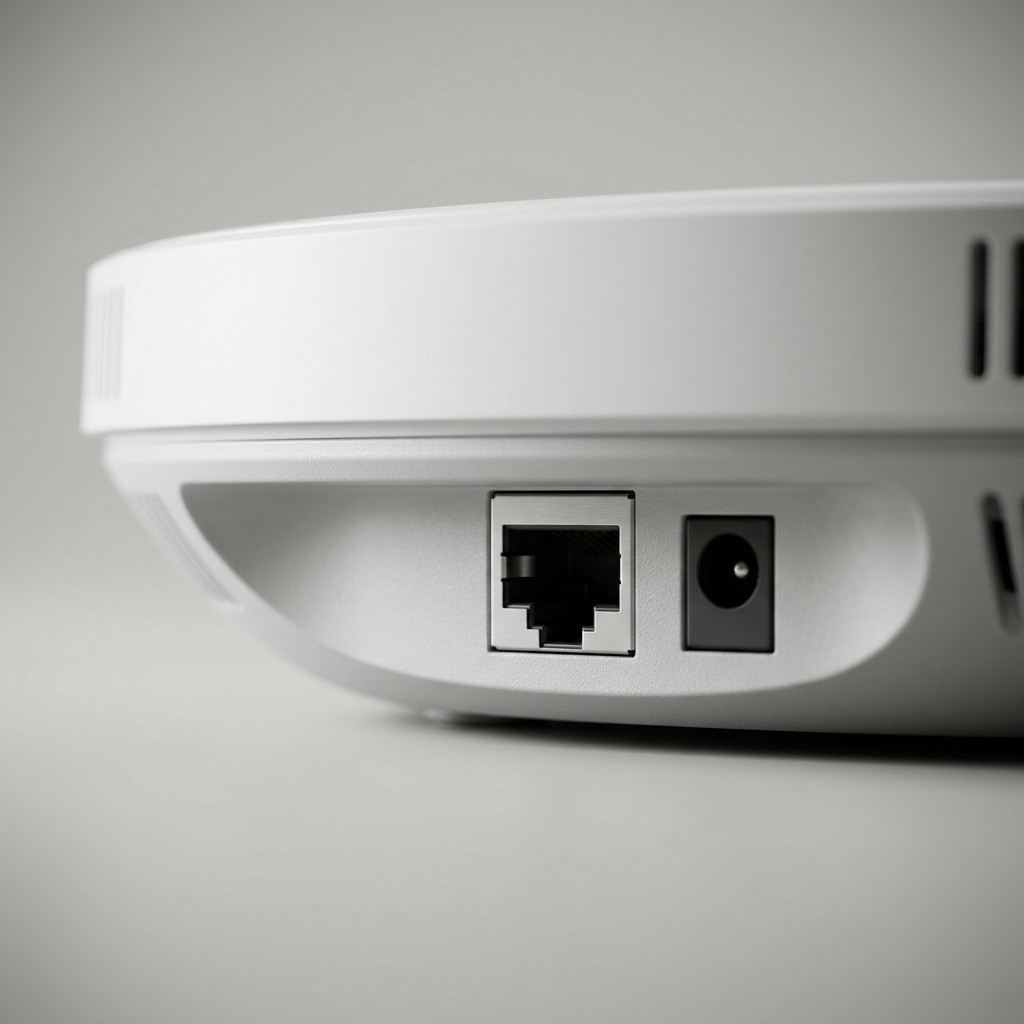 Macro detail shot focusing on the EAP772's precision vent pattern, RJ45 port, and texture.