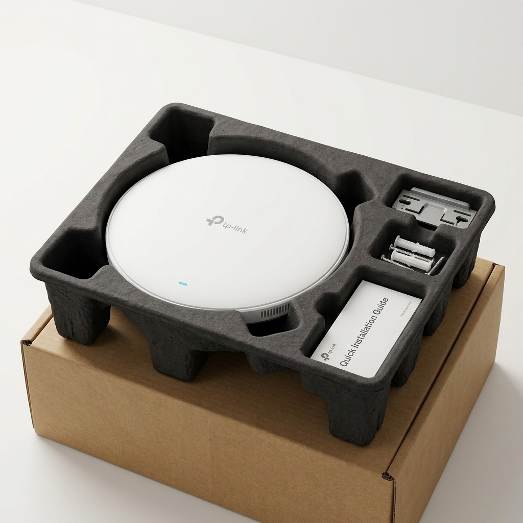 Premium unboxing in a partitioned, anti-static tray, with EAP772 AP and accessories clearly displayed.