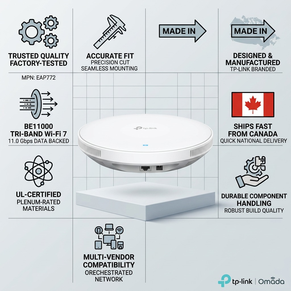 An infographic matrix with the TP-Link Omada EAP772 central and verified features listed with icons.