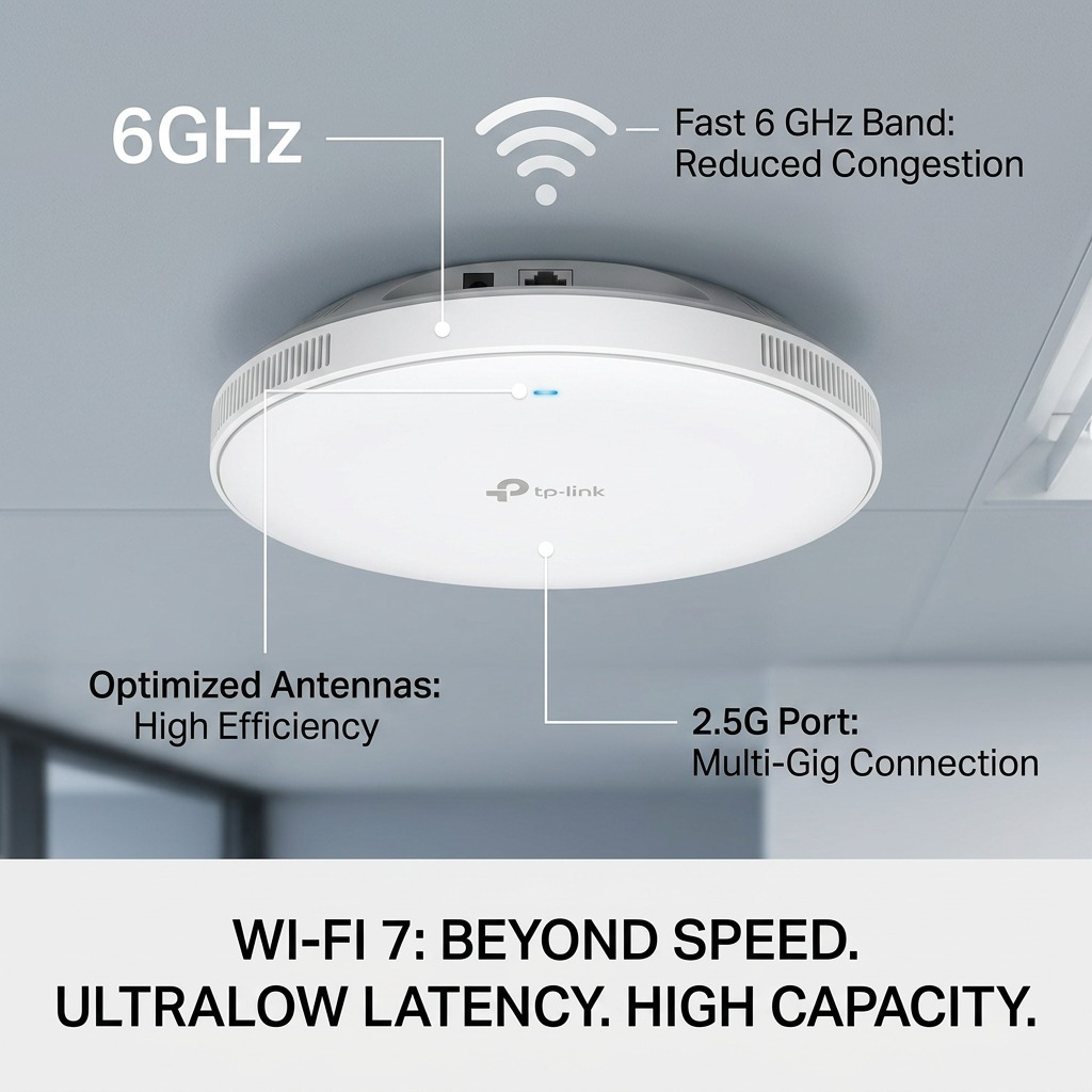 A product feature diagram for the TP-Link Wi-Fi 7 access point with operational callouts.