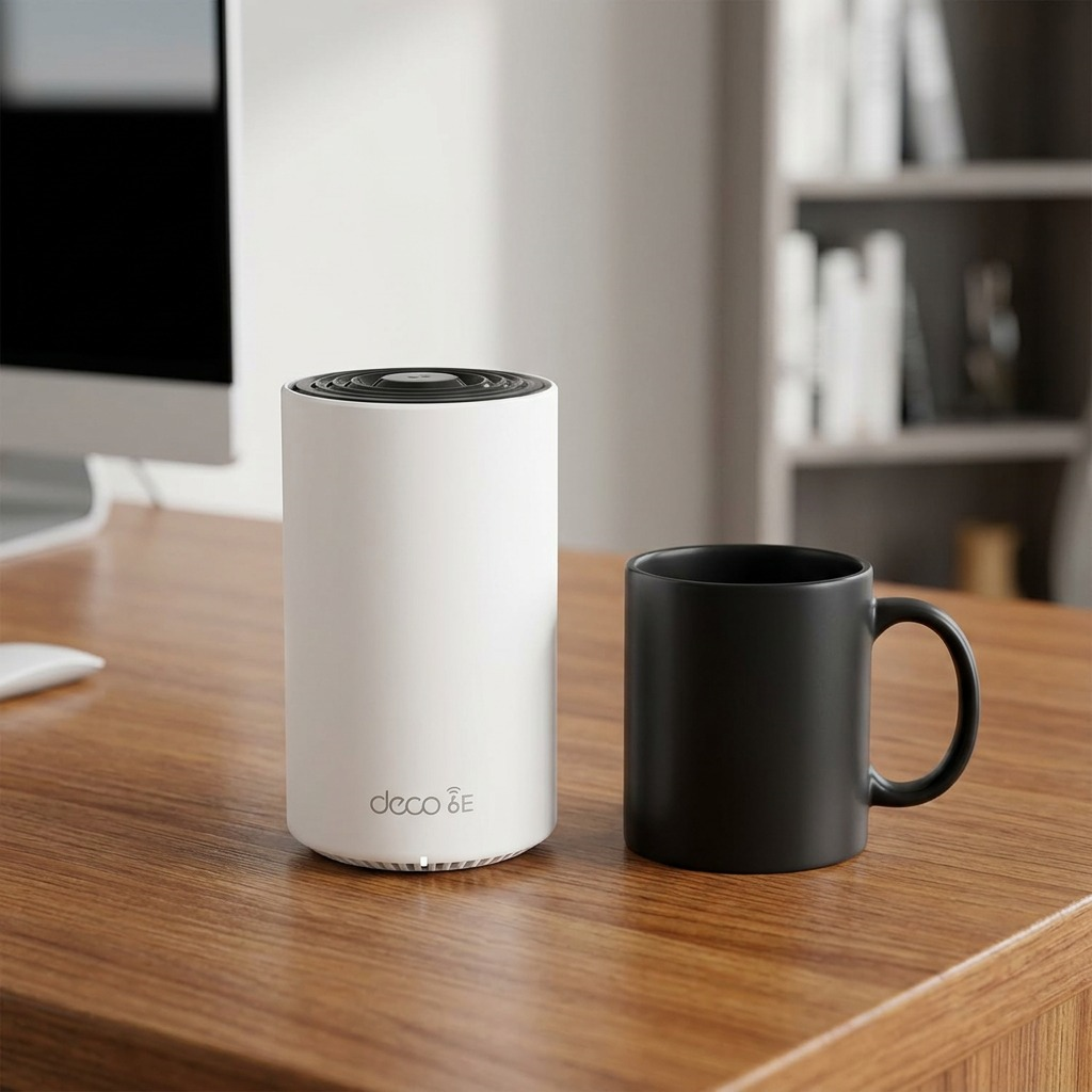 A white cylindrical Deco 6E mesh Wi-Fi system unit shown next to a standard black coffee mug.