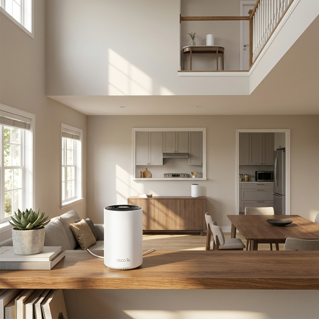 A photo of three TP-Link Deco XE75 mesh Wi-Fi nodes in different rooms of a modern, two-story house.