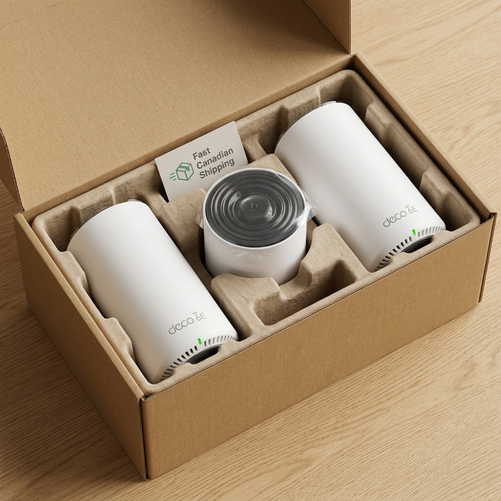 A premium close-up photo shows one white and black Deco mesh router sitting securely in molded pulp packaging inside a sturdy unboxing experience.