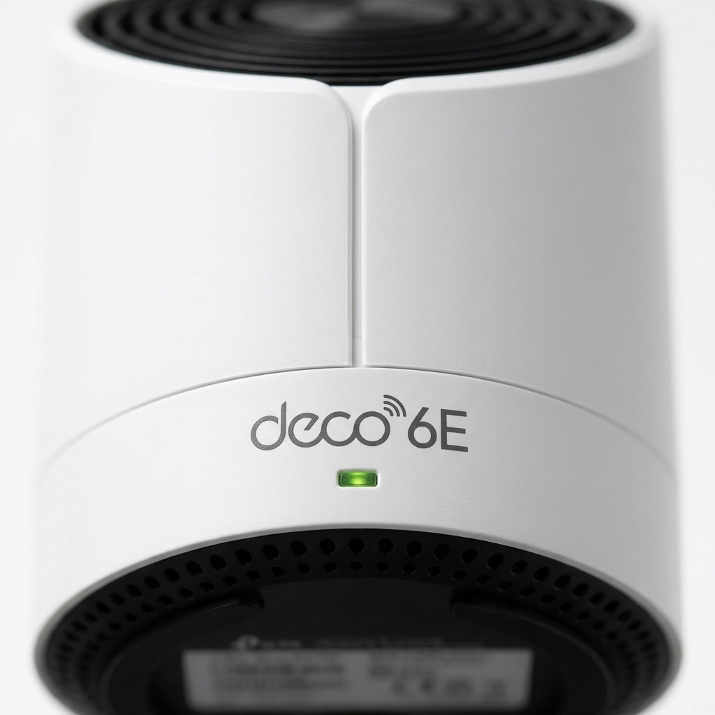 Macro view of the TP-Link Deco XE75 mesh unit, highlighting the "deco 6E" logo and ventilation vents.