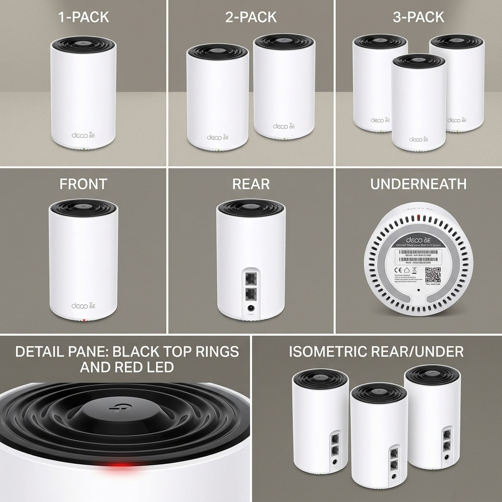 TP-Link Deco XE75 visual matrix, comparing 1-pack, 2-pack, and 3-pack mesh systems via different angles.