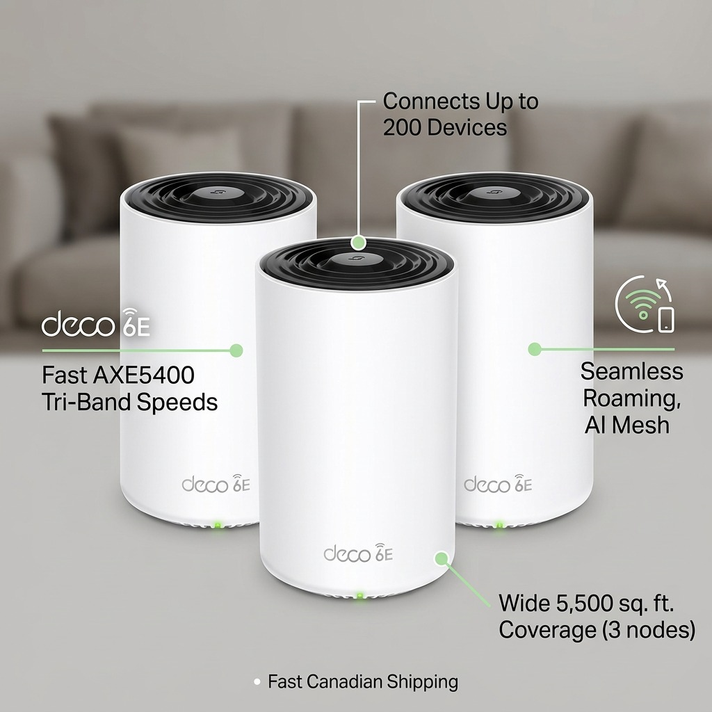 An infographic for the TP-Link Deco XE75 3-pack showing performance benefits with concise labels and pointers.