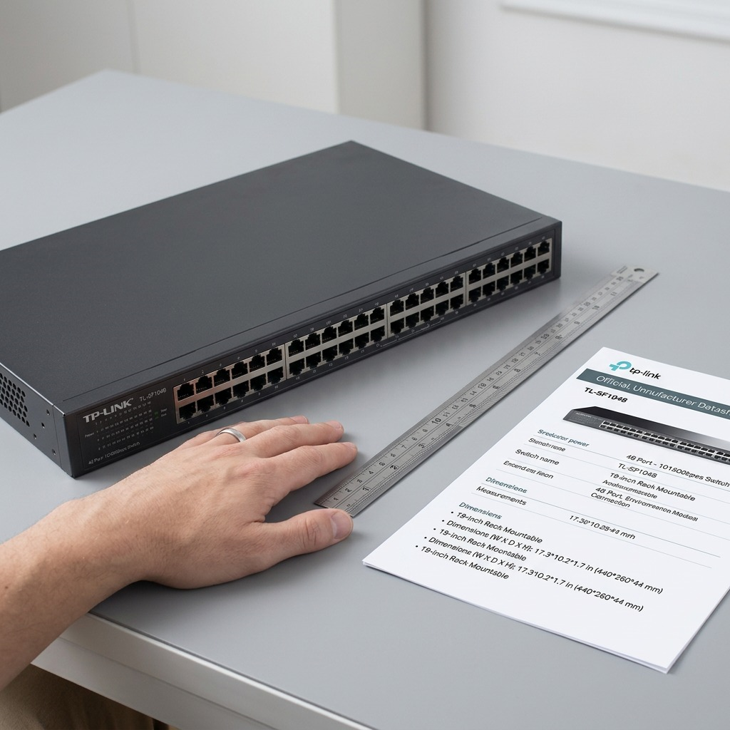Size comparison of TP-Link TL-SF1048 beside a human hand, metric ruler, and datasheet on a desk.