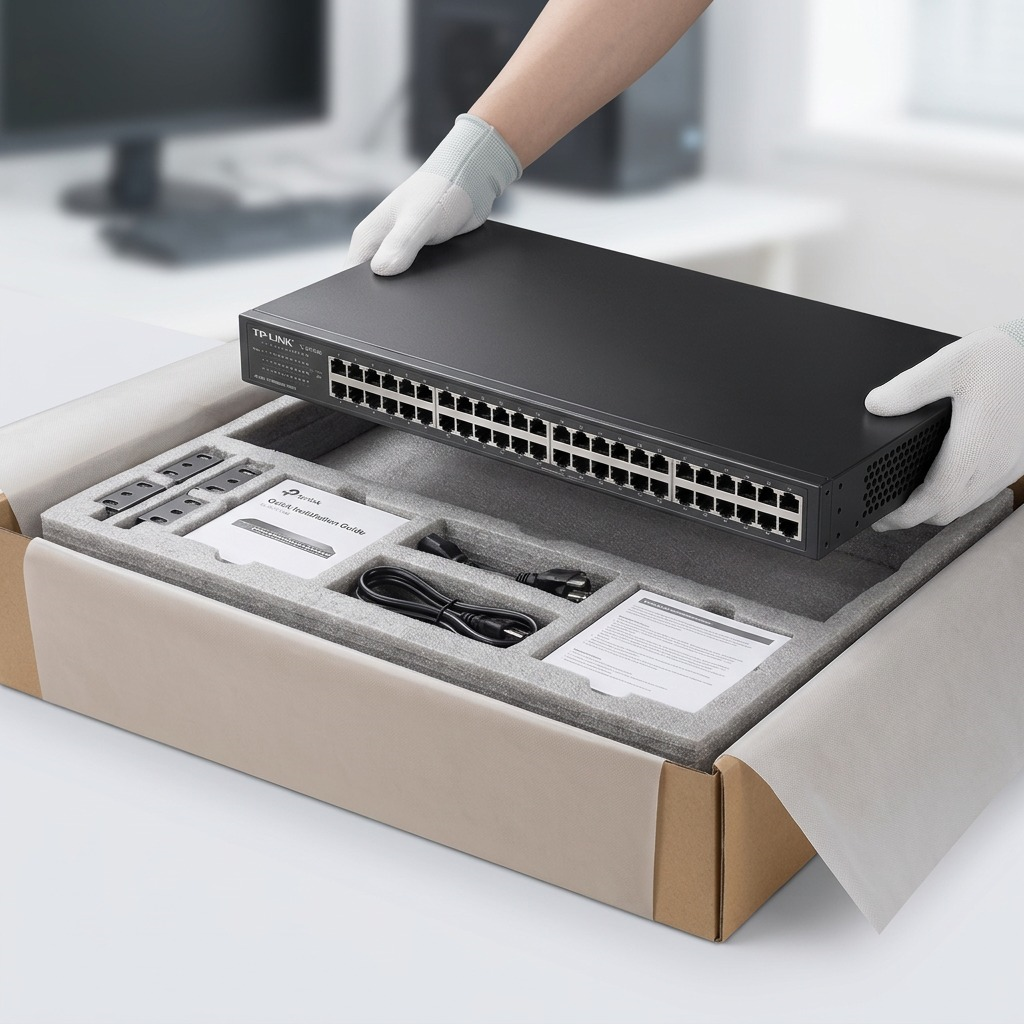 TP-Link 48-port 10/100M switch is carefully unboxed from secure, custom-fit protective shipping packaging.