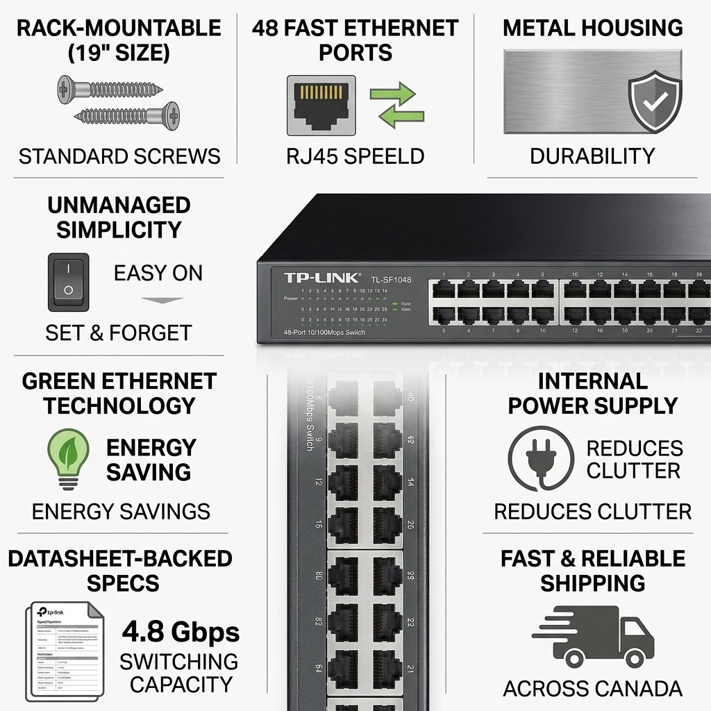 A trust and authority visual matrix for the TP-Link 48-port switch (TL-SF1048), featuring factual cues on its rack-mountable build, visible components, Fast Ethernet speed, and fast Canadian shipping.