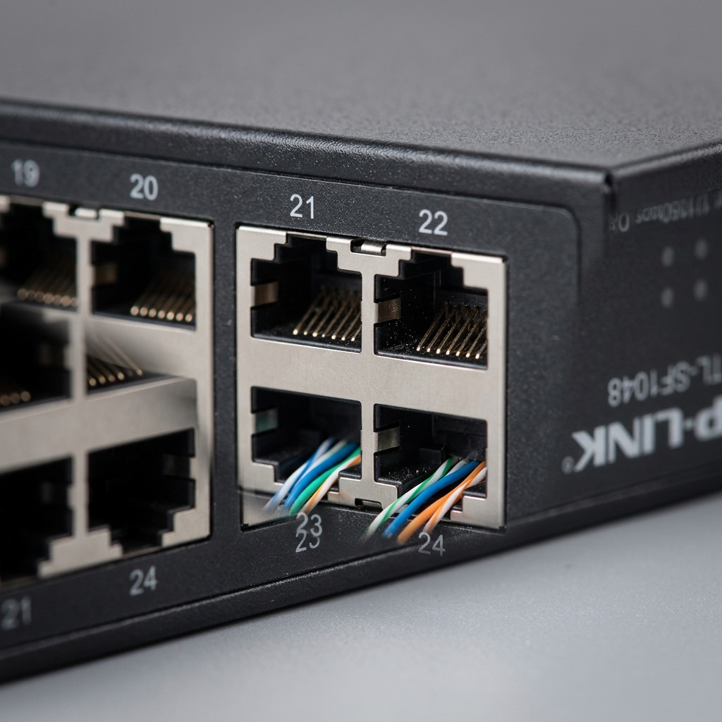 Extreme close-up macro photograph focusing on the textured surface, intricate port clusters, and internal details of a 48-port network switch.