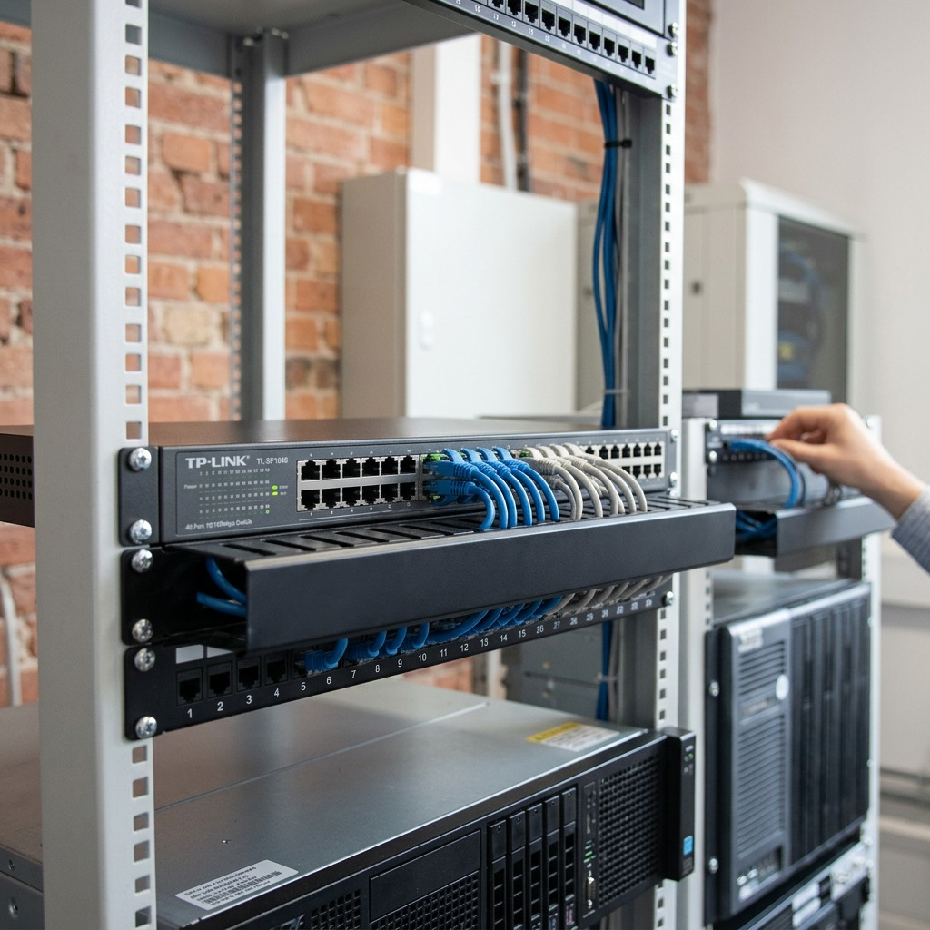 Lifestyle shot of the TP-Link 48-port switch (TL-SF1048) in operation, mounted in an office rack with cables.