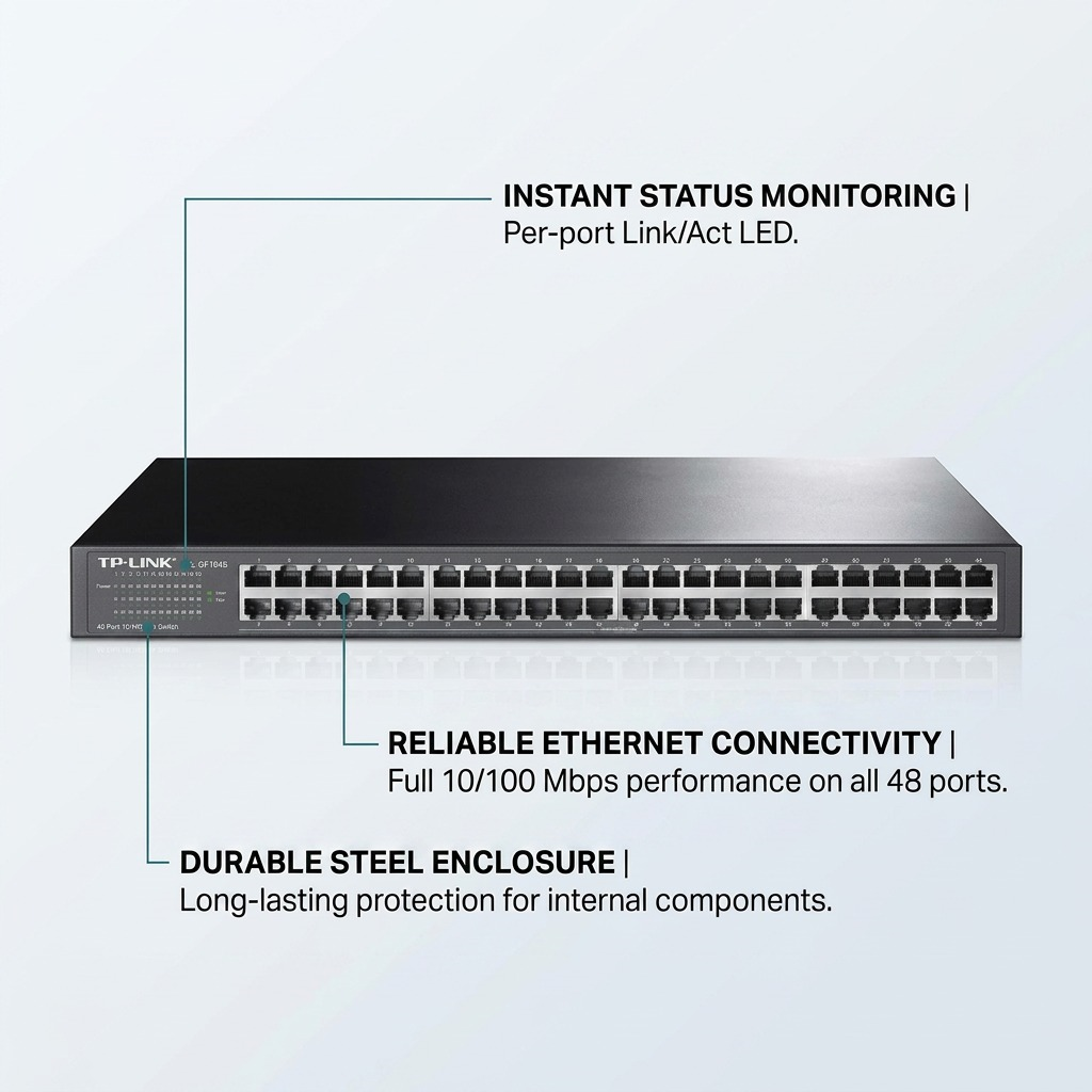 A polished e-commerce feature graphic with clean labels and pointer lines calling out key operational features of the TP-Link 48-port 10/100M Rackmount Switch (MPN: TL-SF1048), emphasizing benefits like fast network connections and reliable performance.