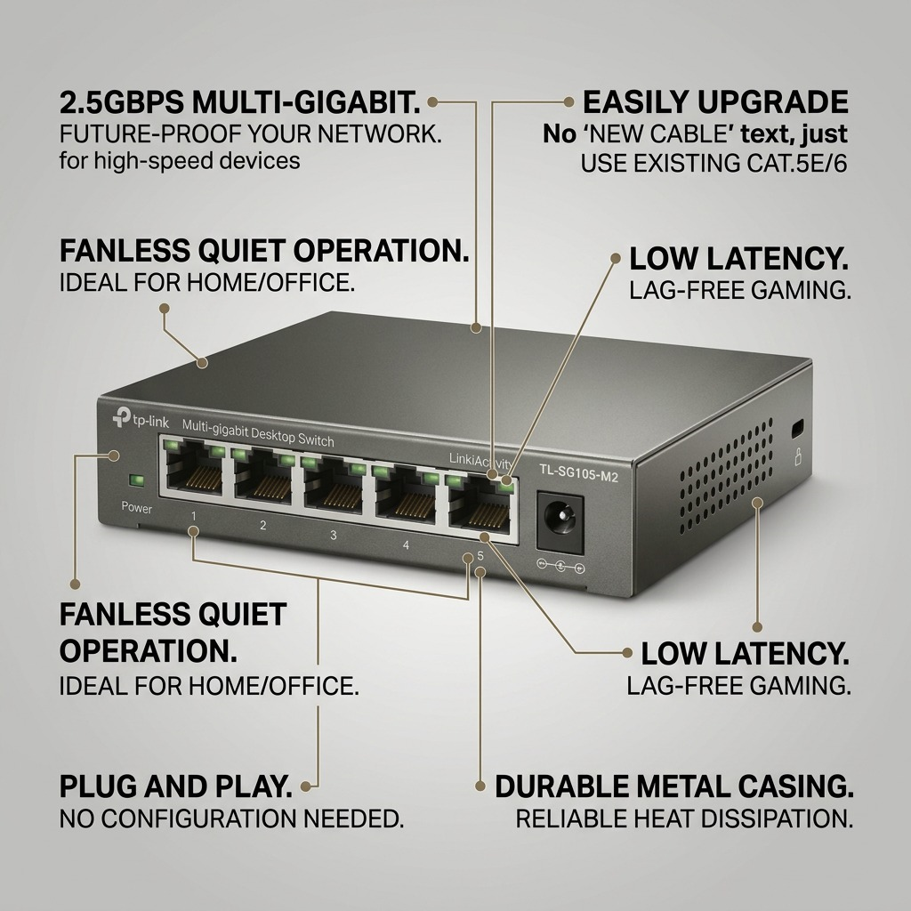 TP-Link 5-Port 2.5G Multi-Gigabit Switch features: 2.5Gbps ports, fanless quiet, and plug-and-play setup.