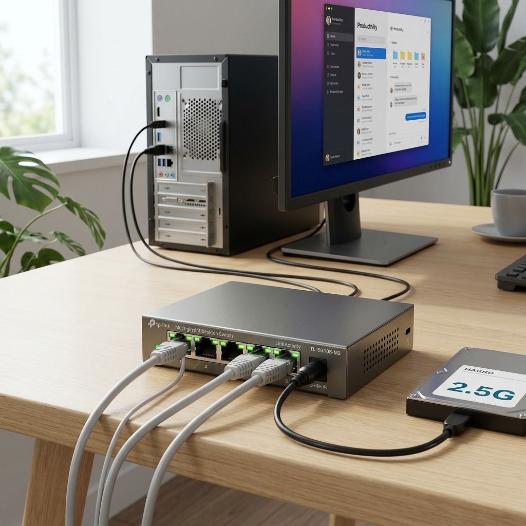 Product-led image of the TP-Link 5-Port 2.5G Desktop Switch on a home office desk with computer.