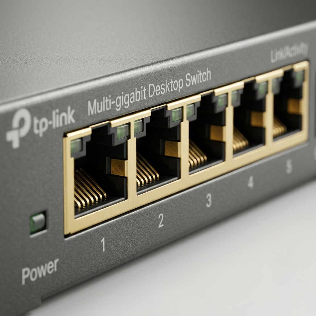Macro close-up of a TP-Link TL-SG105-M2 desktop switch focusing on the detailed RJ45 ports and metal casing.