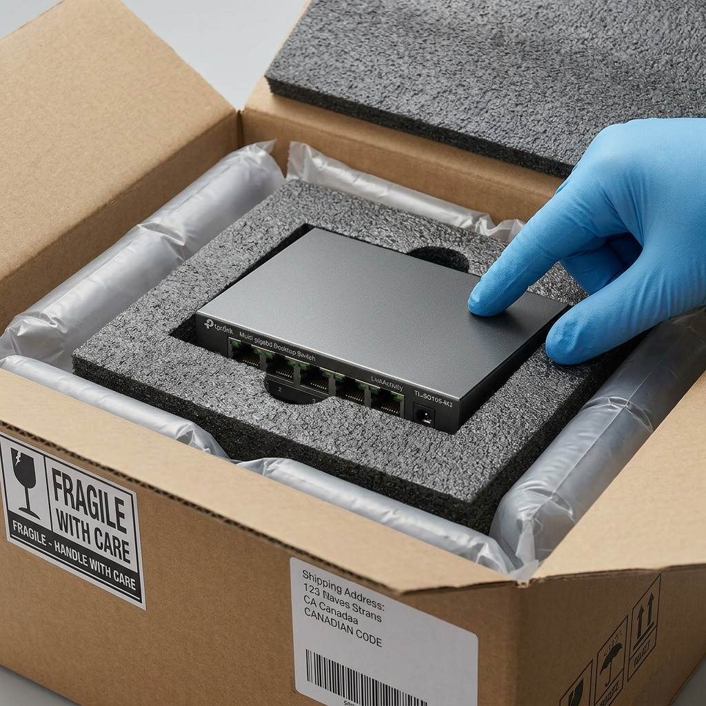 A high-quality image showing the network switch being securely unboxed from protective foam packaging.