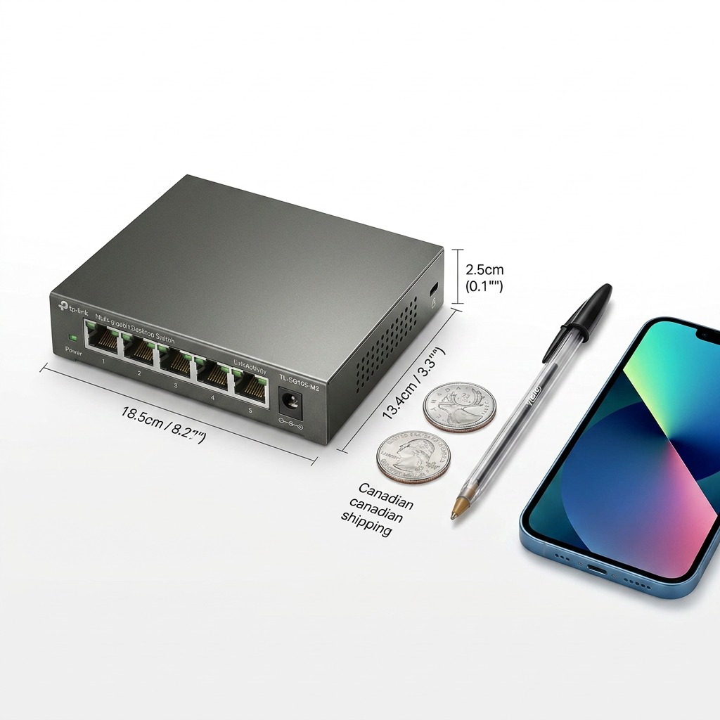A TP-Link 5-Port Multi-Gigabit Desktop Switch with power supply, next to a US Quarter coin, showing its size.