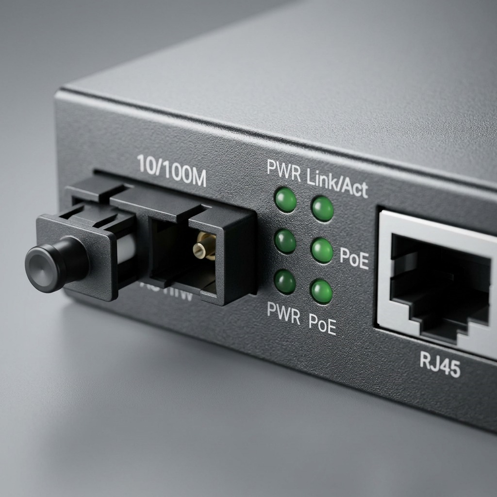 Macro view focusing on the multi-port interface, LEDs, and textured metal surface of the FC111PB-20.