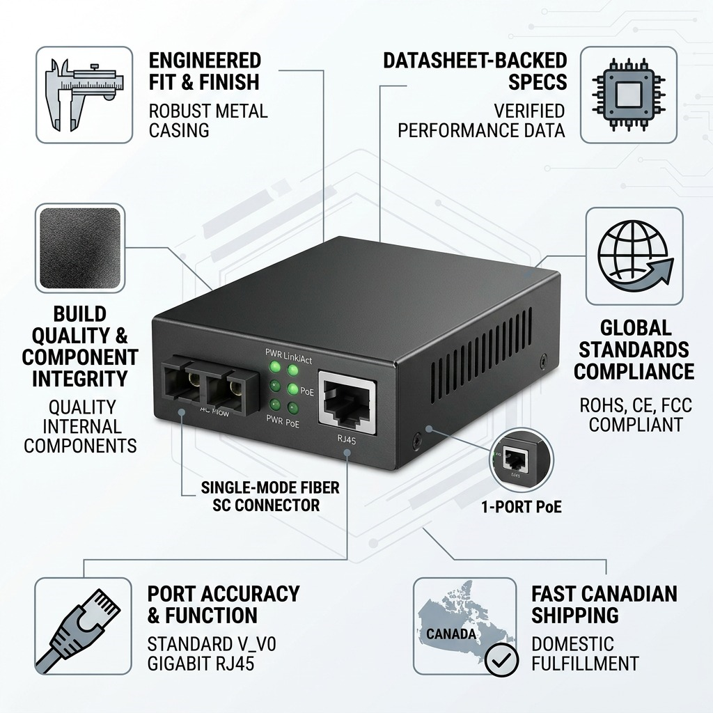 An infographic matrix for the TP-Link FC111PB-20 Fiber Media Converter, with key benefit icons and concise factual text.
